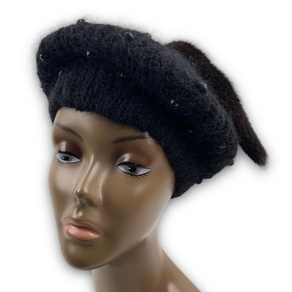 70's Italian mink tail mohair wool beaded beret winter hat - Picture 14 of 14